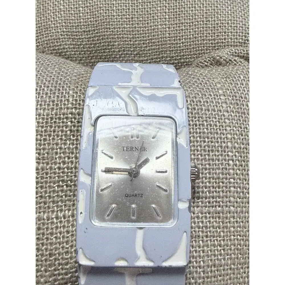 Terner Periwinkle Marbled Cuff Watch New Battery Silver Tone Quartz